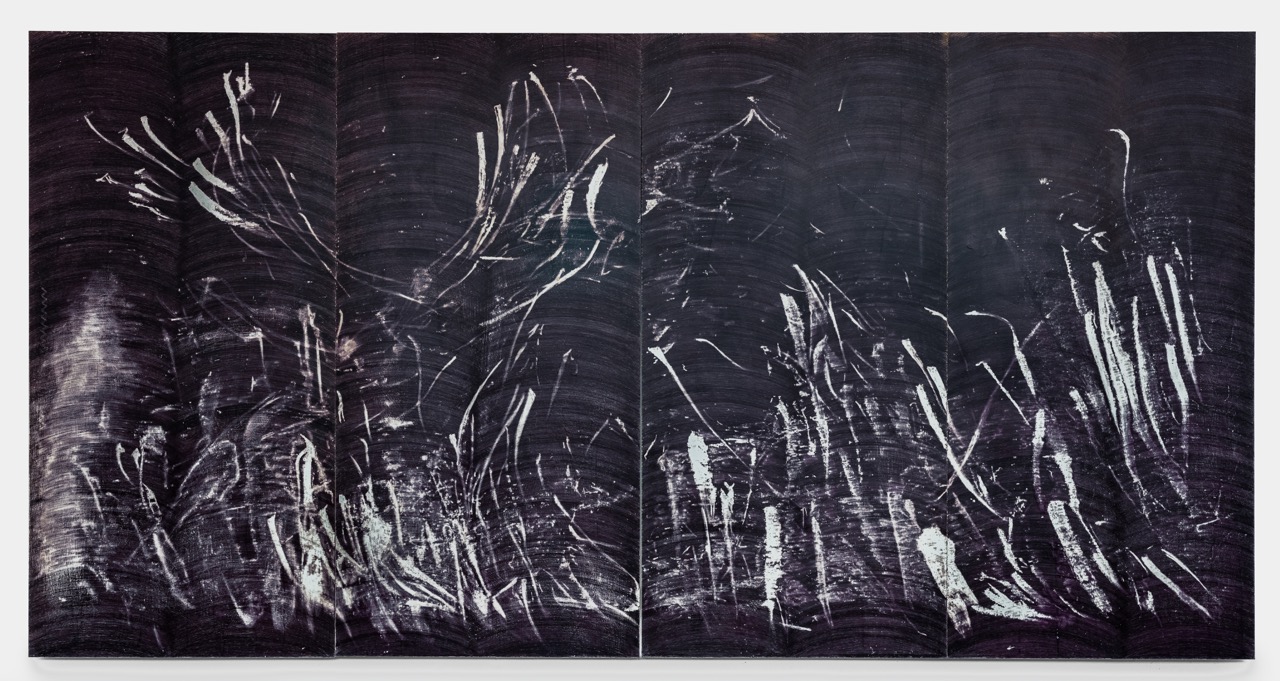 Elise Nguyen Quoc, <i>Unflinching retina in a 3-phased development</i>, 2024. Ballpoint pen on wood panel, 98 3-8 x 192 1-8 x 2 in (250 x 488 x 5 cm)